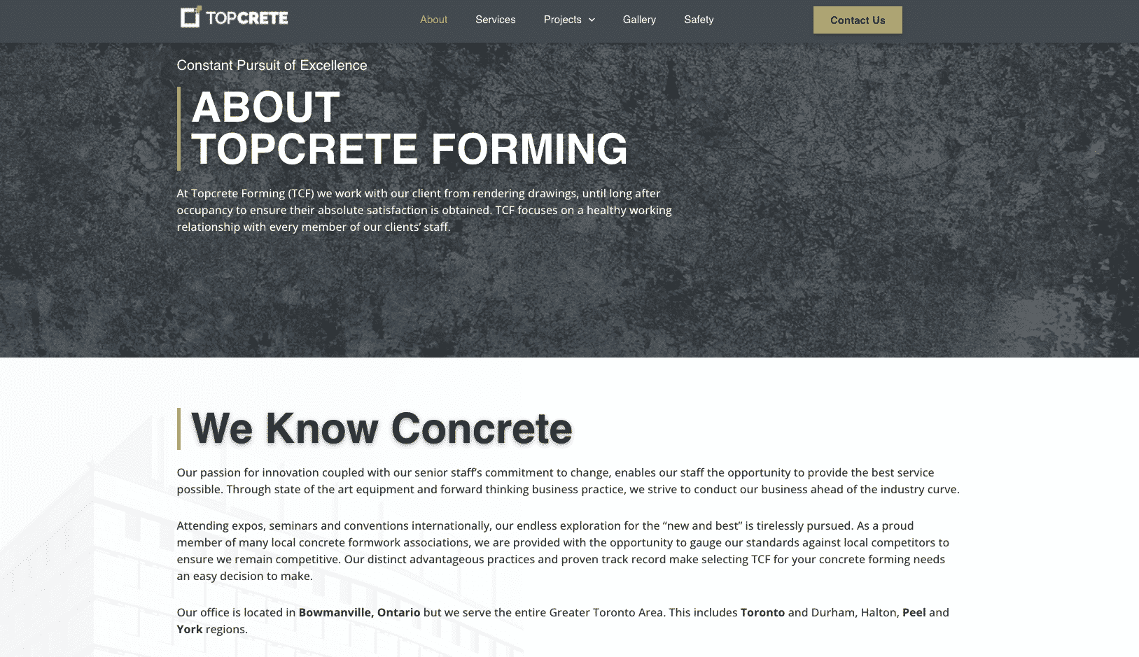 Imperium designed website for Topcrete. Note the clear wording, and easy to understand about us page.
