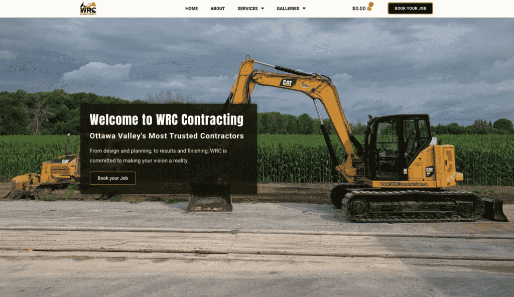 Imperium designed website for WRC Contracting. Note the logo, clear image, and task bar.