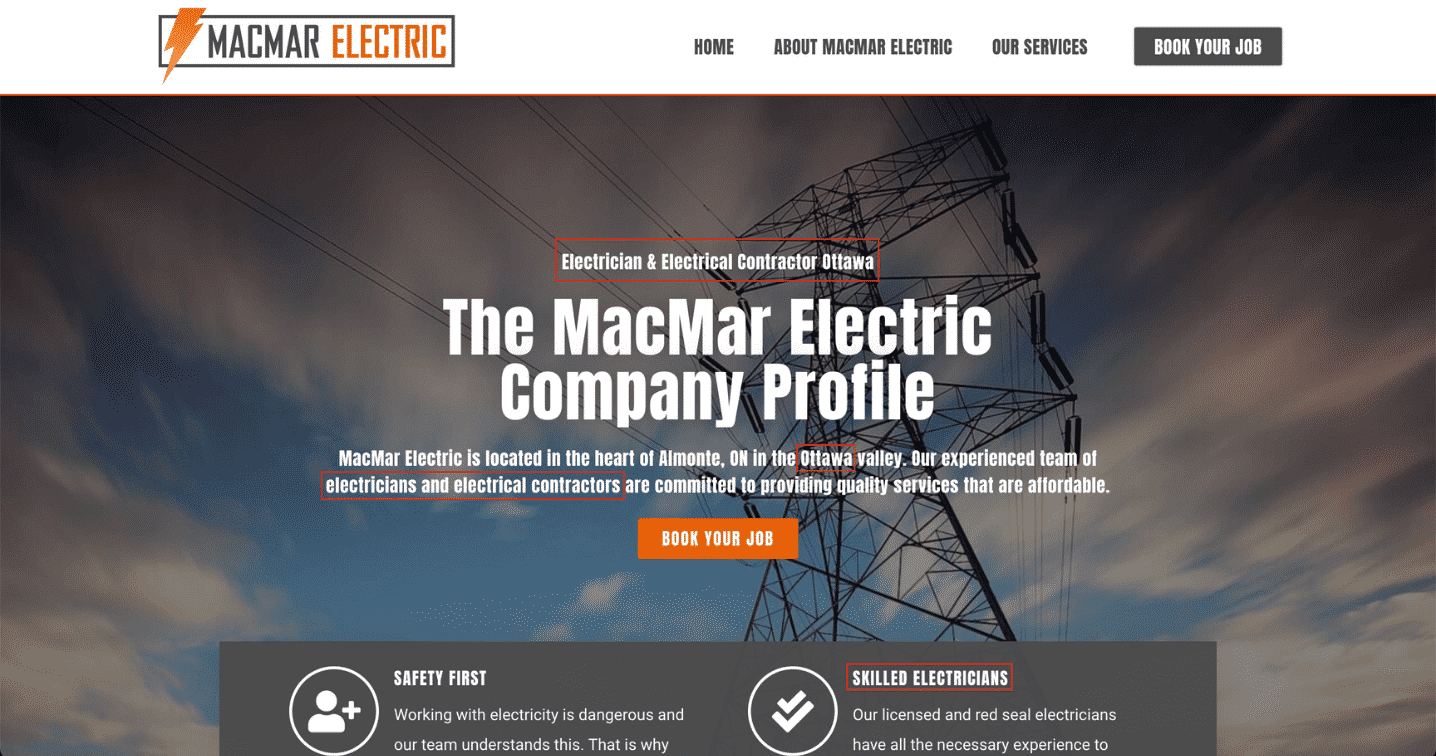 Imperium designed website for MacMar Electric. Note the Keywords outlined in red.