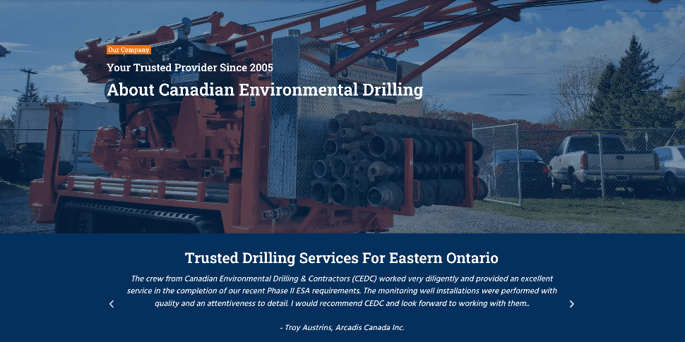 Website designed for Canadian Environmental Drilling And Contractors by Imperium. Note the testimonials at the bottom.