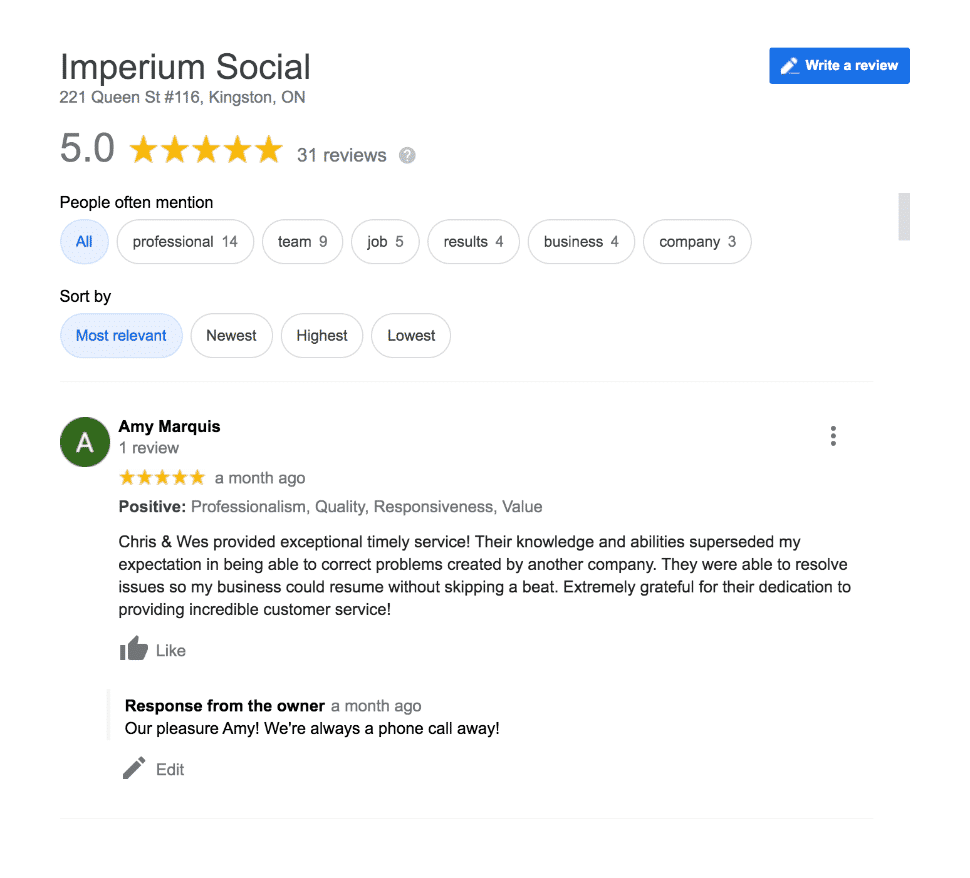Imperium Social Reviews Section.